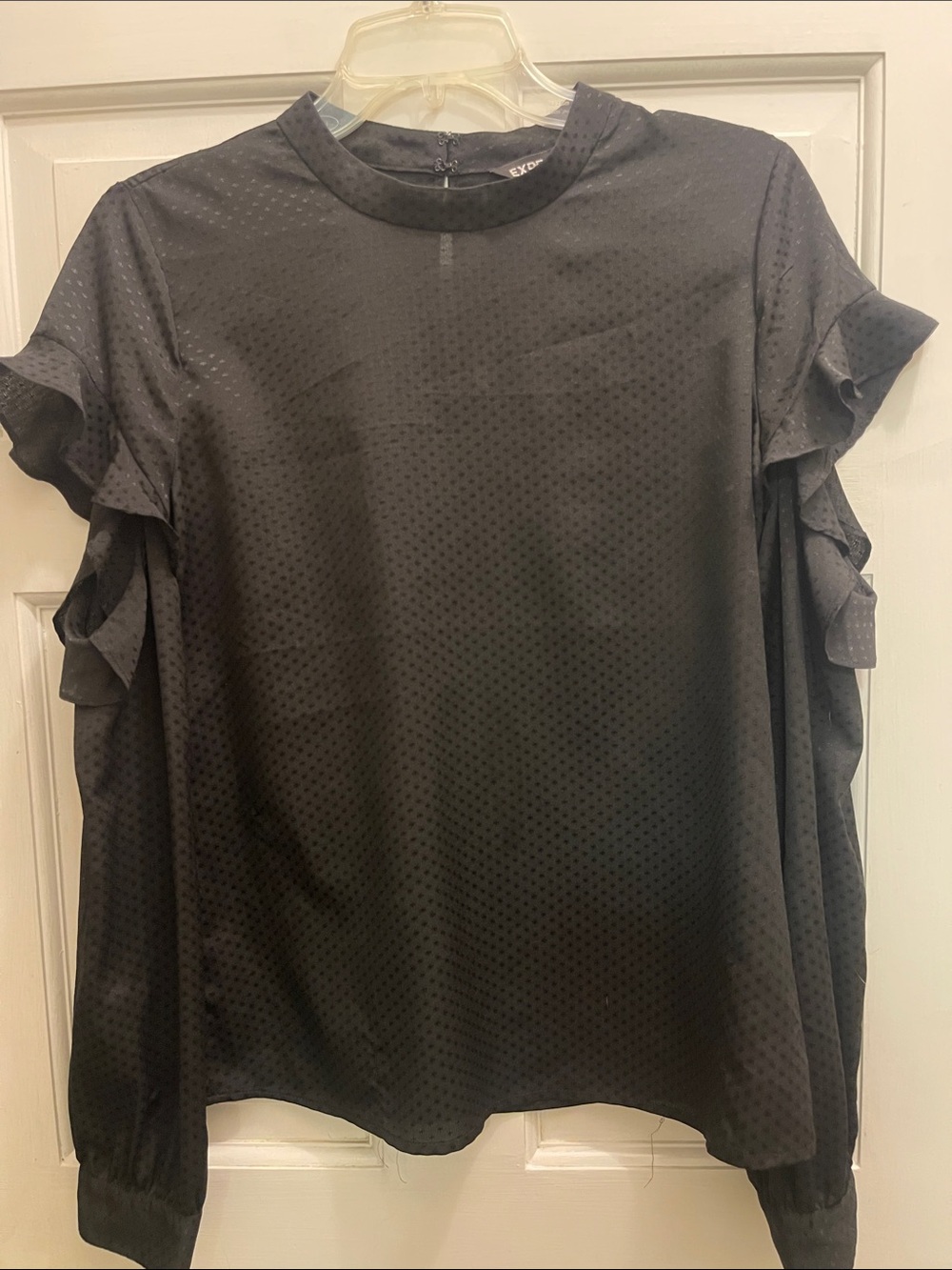 Express Black Swiss Dot Blouse | Cold Shoulder Cutout Sleeve | Ruffle Detail Top